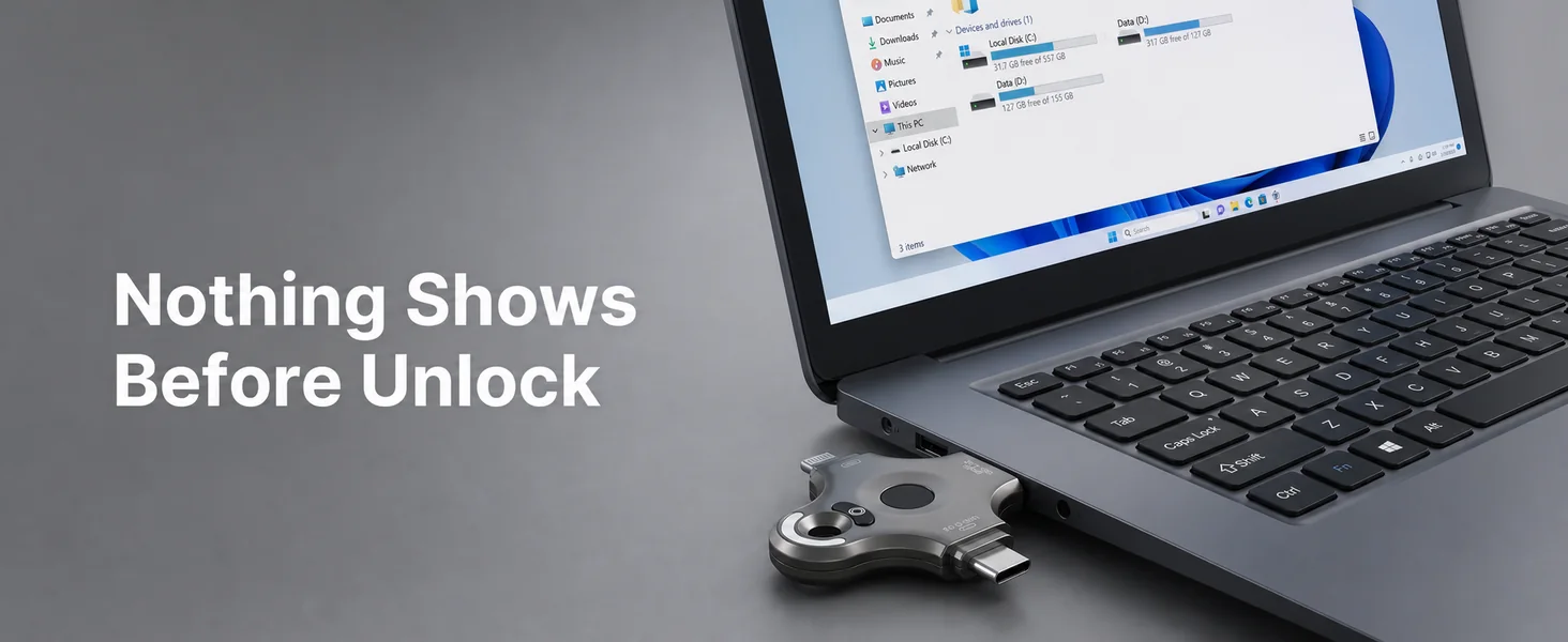 Storage remains hidden before the YORASTIN USB drive is unlocked