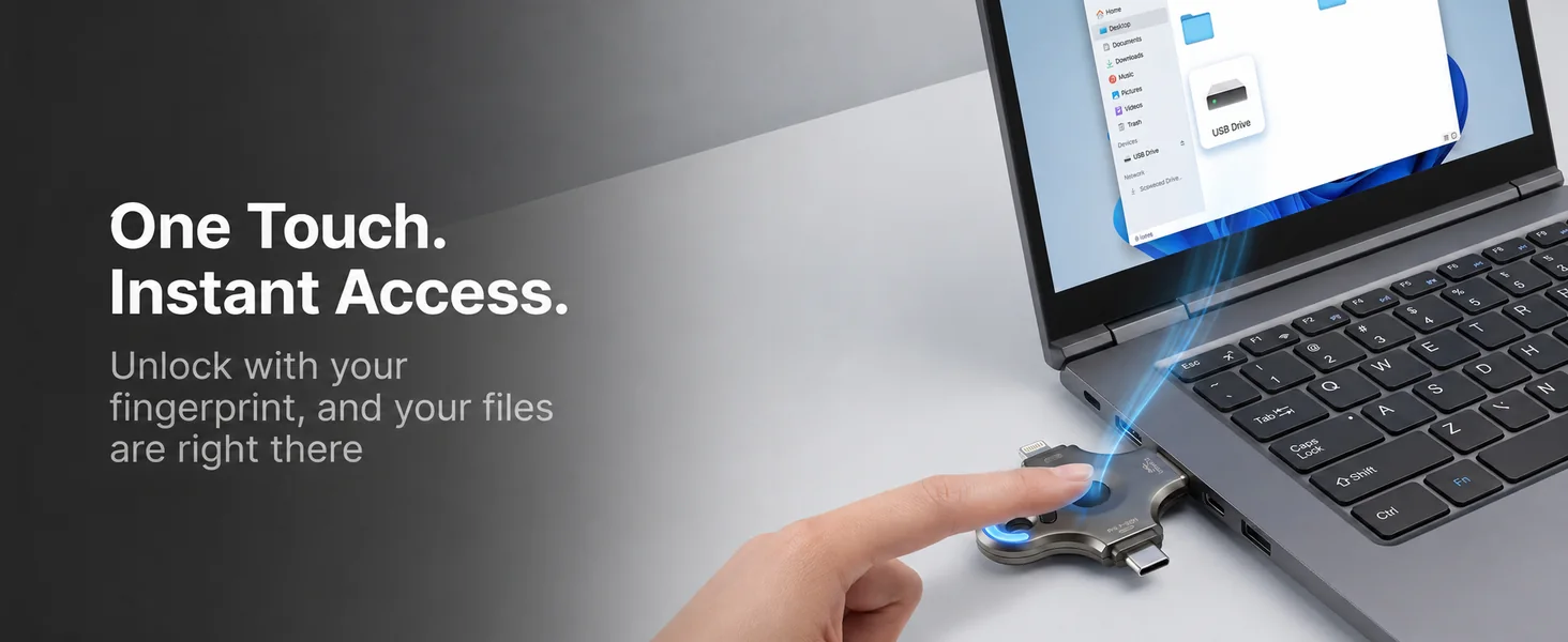 One-touch fingerprint access to files on a connected laptop