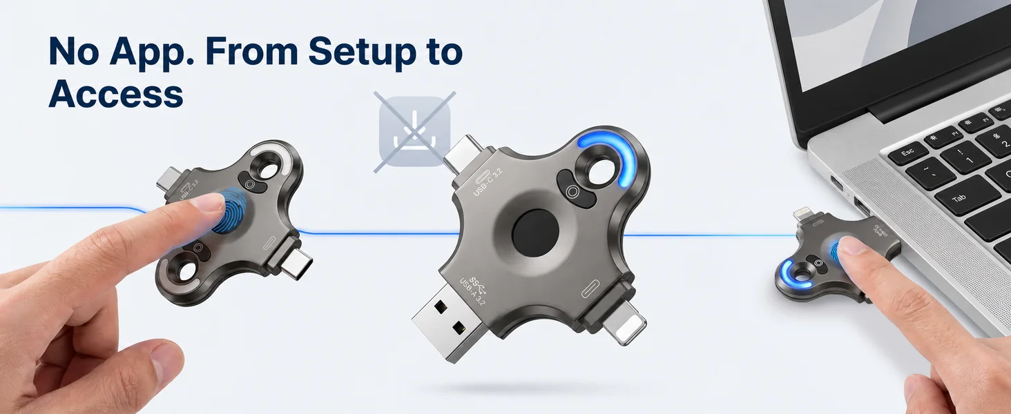 Fingerprint setup and access are managed directly on the USB drive