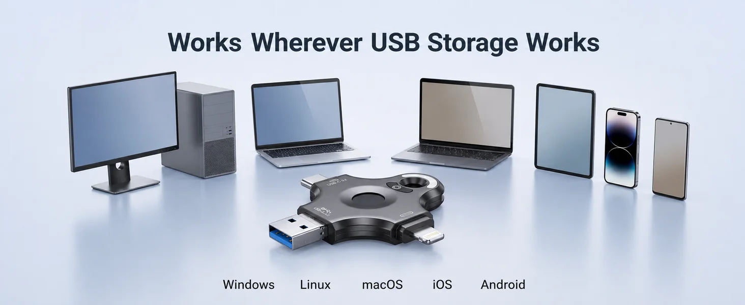 Supported Windows, Linux, macOS, iOS, and Android devices around the multi-connector USB drive