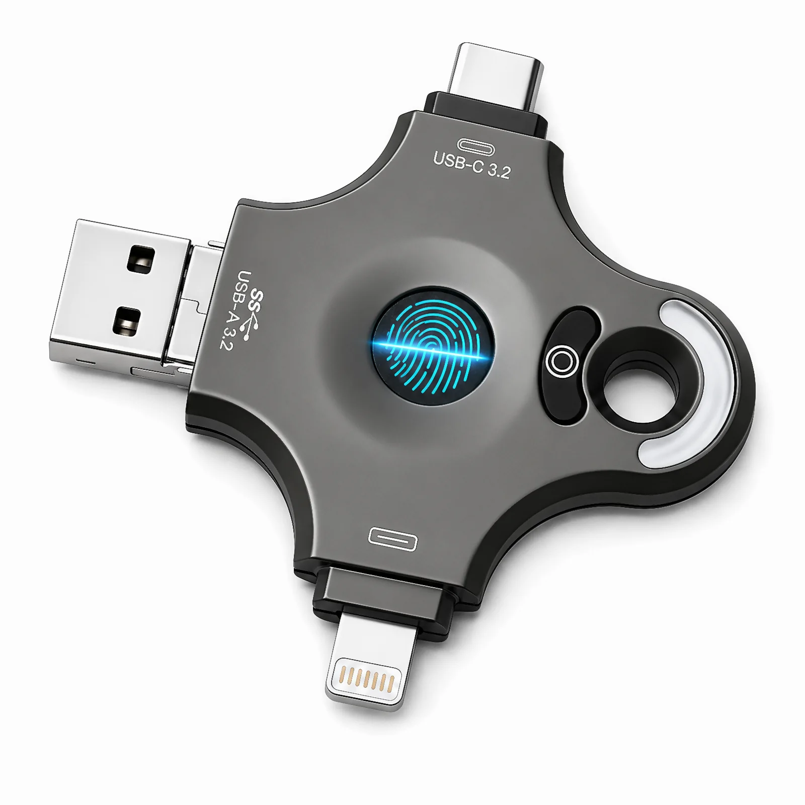 YORASTIN 128GB fingerprint USB drive showing its four integrated connectors