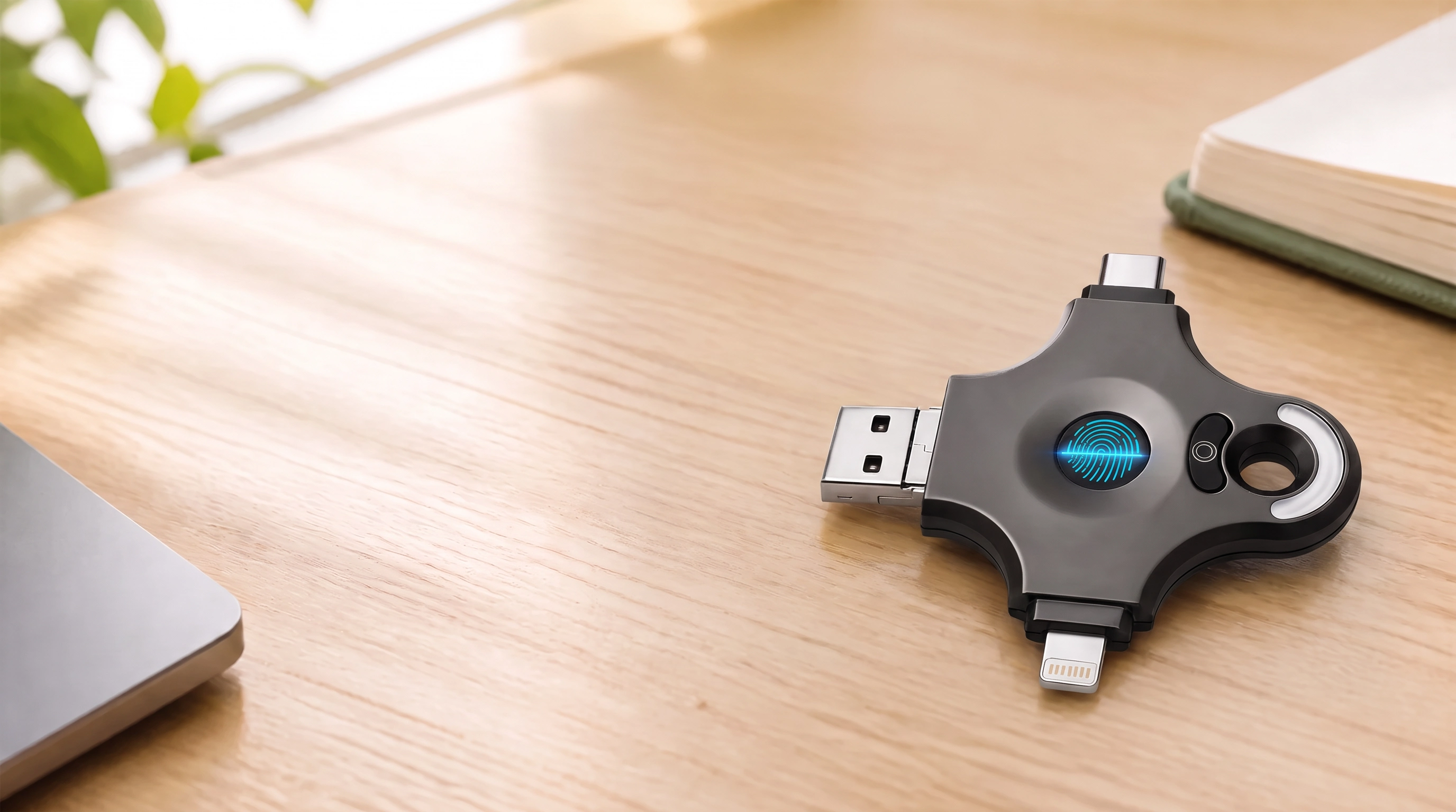 YORASTIN 128GB fingerprint USB drive with four integrated connectors