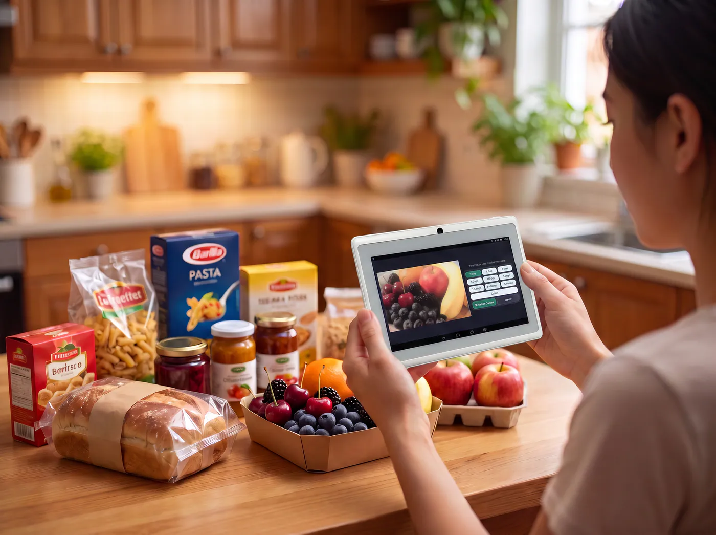 Using the rear camera to record several groceries before returning the device to the refrigerator