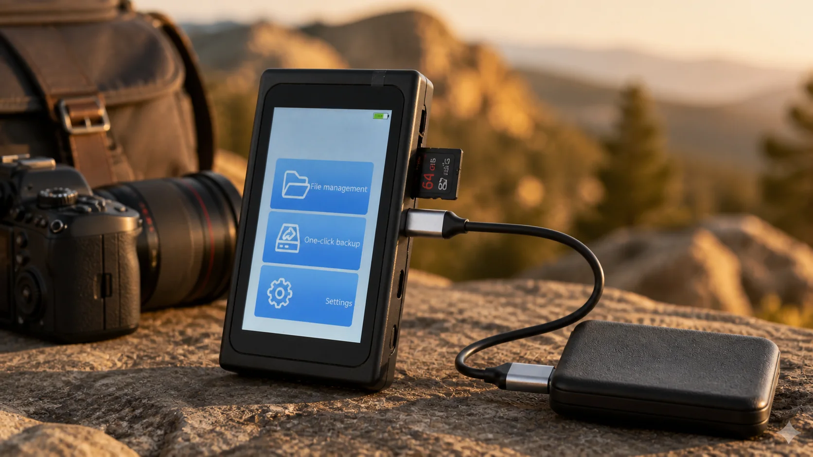 Portable photographer backup device beside a camera, SD card, and connected external drive outdoors